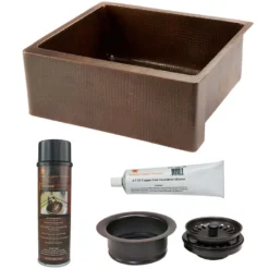 Premier Copper Products 25" Hammered Copper Kitchen Apron Single Basin Farmhouse Sink with Matching Drain and Accessorie, Oil Rubbed Bronze, KSP3_KASDB25229