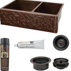 Premier Copper Products 33" Hammered Copper Kitchen Apron 60/40 Double Basin Farmhouse Sink w/ Scroll Design with Matching Drains, and Accessories, Oil Rubbed Bronze, KSP3_KA60DB33229S