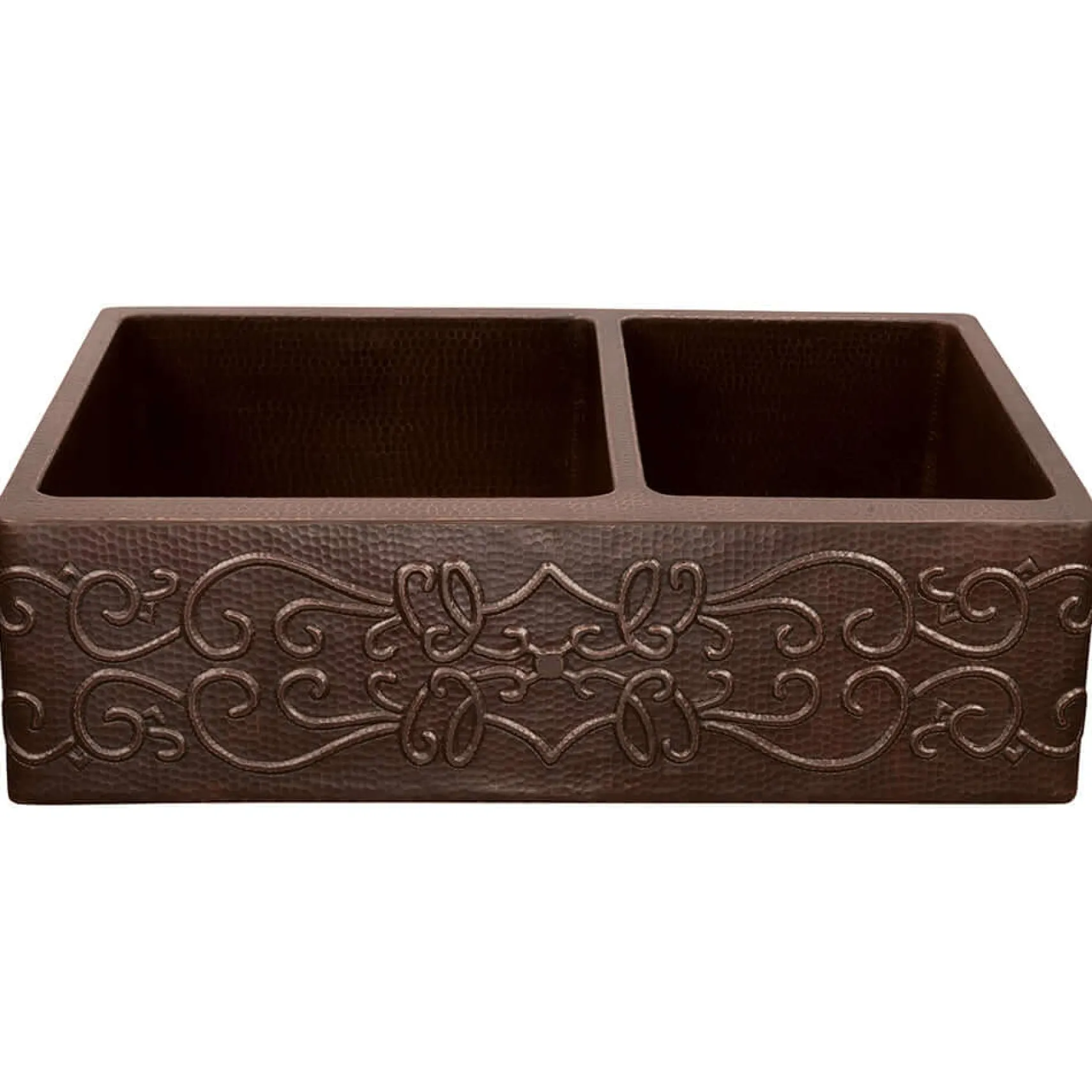 Premier Copper Products 33" Hammered Copper Kitchen Apron 60/40 Double Basin Farmhouse Sink w/ Scroll Design with Matching Drains, and Accessories, Oil Rubbed Bronze, KSP3_KA60DB33229S
