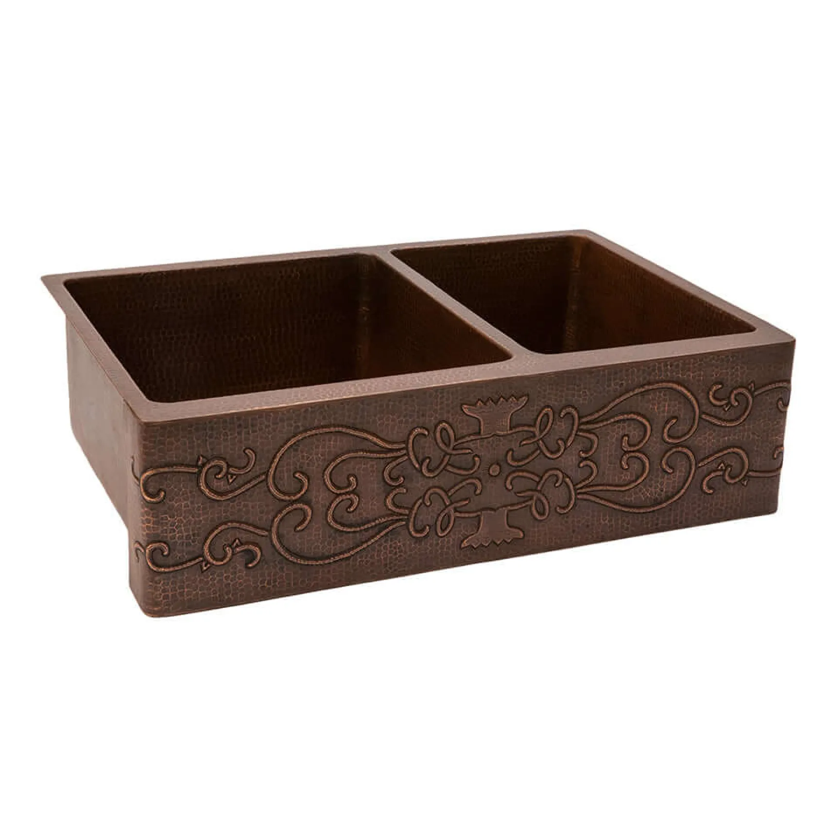 Premier Copper Products 33" Hammered Copper Kitchen Apron 60/40 Double Basin Farmhouse Sink w/ Scroll Design with Matching Drains, and Accessories, Oil Rubbed Bronze, KSP3_KA60DB33229S
