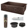 Premier Copper Products 30" Hammered Copper Kitchen Apron Single Basin Farmhouse Sink with Scroll Design with Matching Drain and Accessories, Oil Rubbed Bronze, KSP3_KASDB30229S