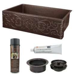 Premier Copper Products 30" Hammered Copper Kitchen Apron Single Basin Farmhouse Sink with Scroll Design with Matching Drain and Accessories, Oil Rubbed Bronze, KSP3_KASDB30229S