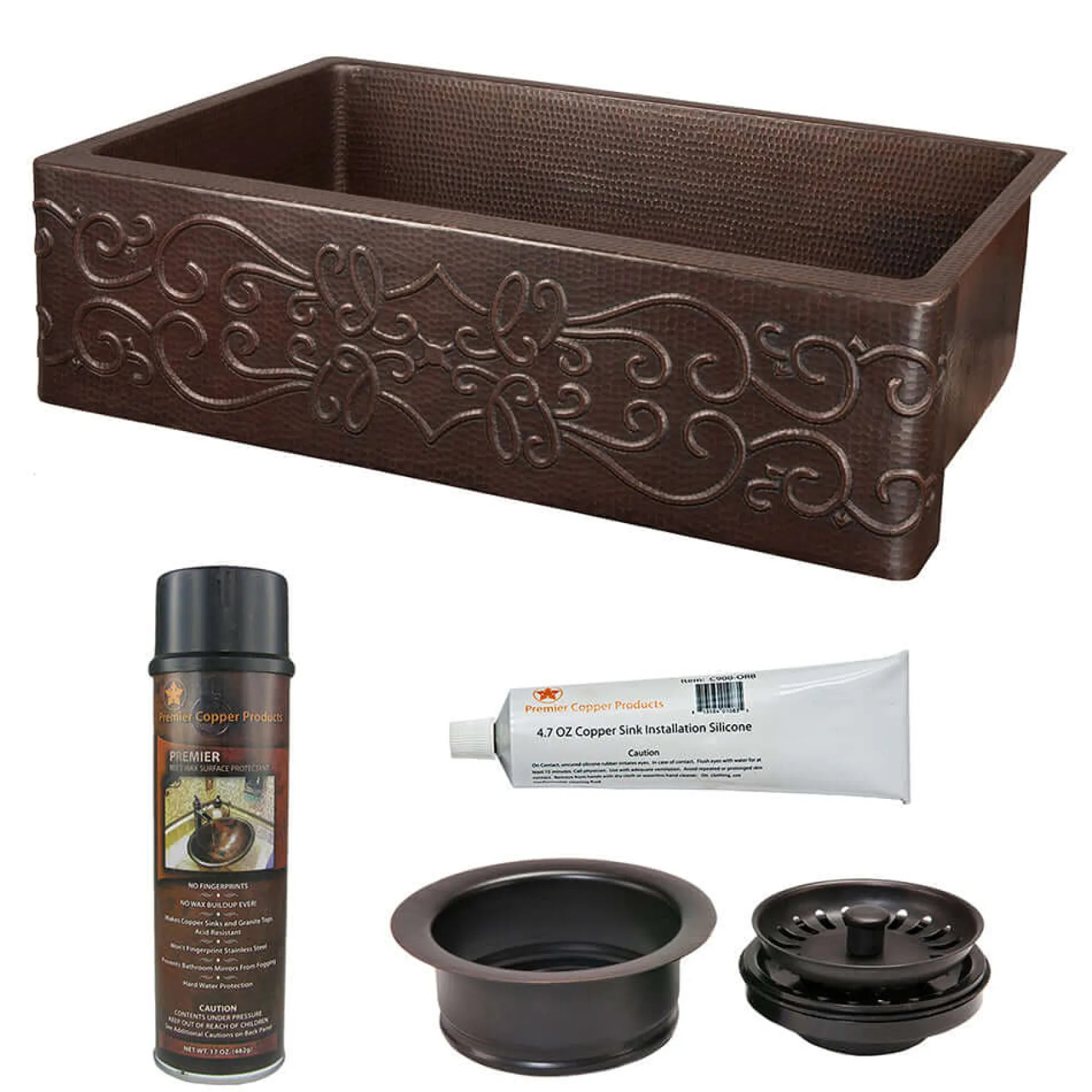 Premier Copper Products 30" Hammered Copper Kitchen Apron Single Basin Farmhouse Sink with Scroll Design with Matching Drain and Accessories, Oil Rubbed Bronze, KSP3_KASDB30229S