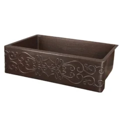 Premier Copper Products 30" Hammered Copper Kitchen Apron Single Basin Farmhouse Sink with Scroll Design with Matching Drain and Accessories, Oil Rubbed Bronze, KSP3_KASDB30229S
