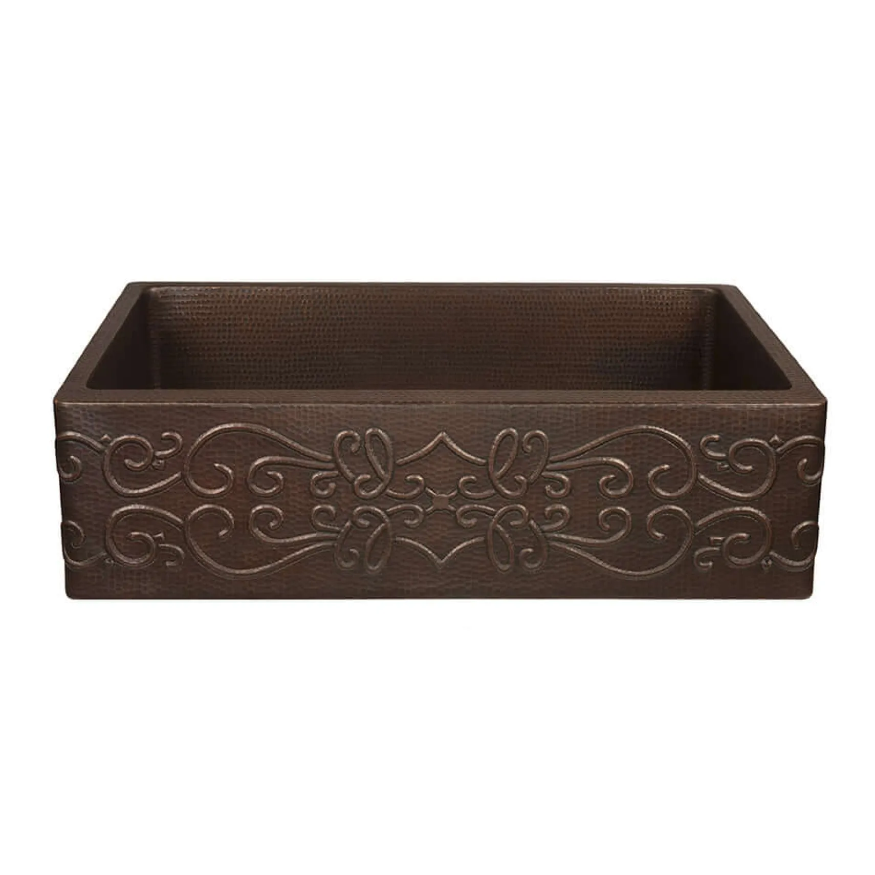 Premier Copper Products 30" Hammered Copper Kitchen Apron Single Basin Farmhouse Sink with Scroll Design with Matching Drain and Accessories, Oil Rubbed Bronze, KSP3_KASDB30229S
