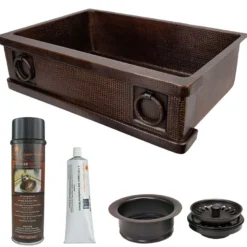 Premier Copper Products 33" Hammered Copper Kitchen Apron Single Basin Farmhouse Sink w/ Rings with Matching Drain and Accessories, Oil Rubbed Bronze, KSP3_KASDB33229R