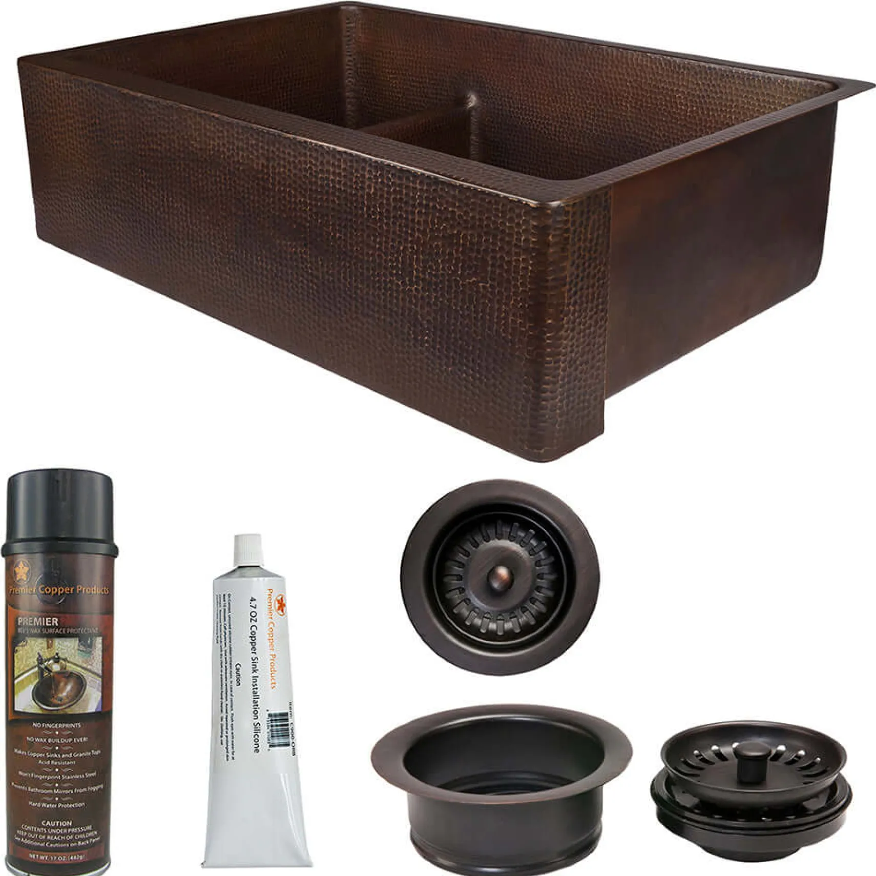 Premier Copper Products 33" Hammered Copper Kitchen Apron 30/70 Double Basin Farmhouse Sink with Short 5" Divider w/ Matching Drains and Accessories, Oil Rubbed Bronze, KSP3_KA30DB33229-SD5