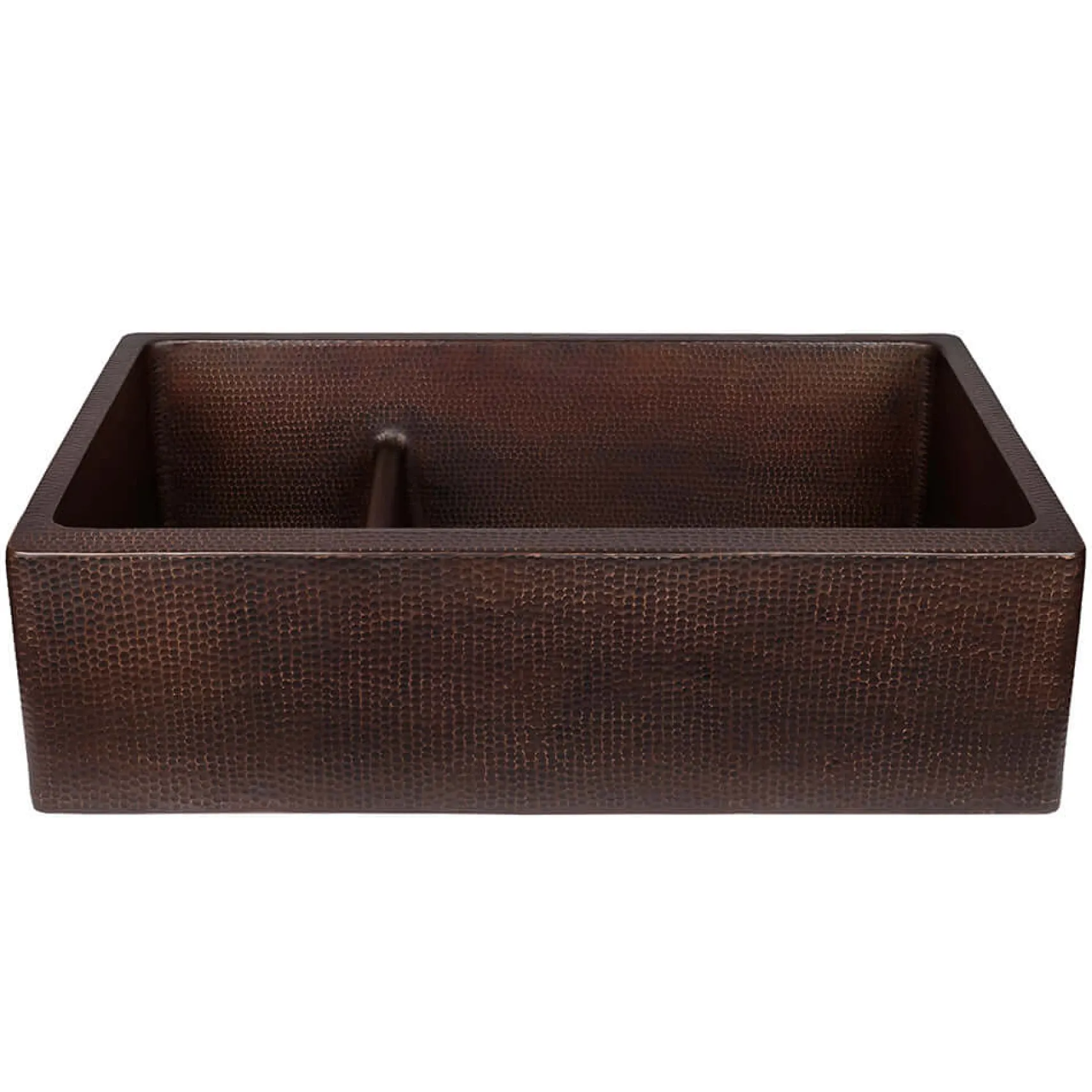 Premier Copper Products 33" Hammered Copper Kitchen Apron 30/70 Double Basin Farmhouse Sink with Short 5" Divider w/ Matching Drains and Accessories, Oil Rubbed Bronze, KSP3_KA30DB33229-SD5