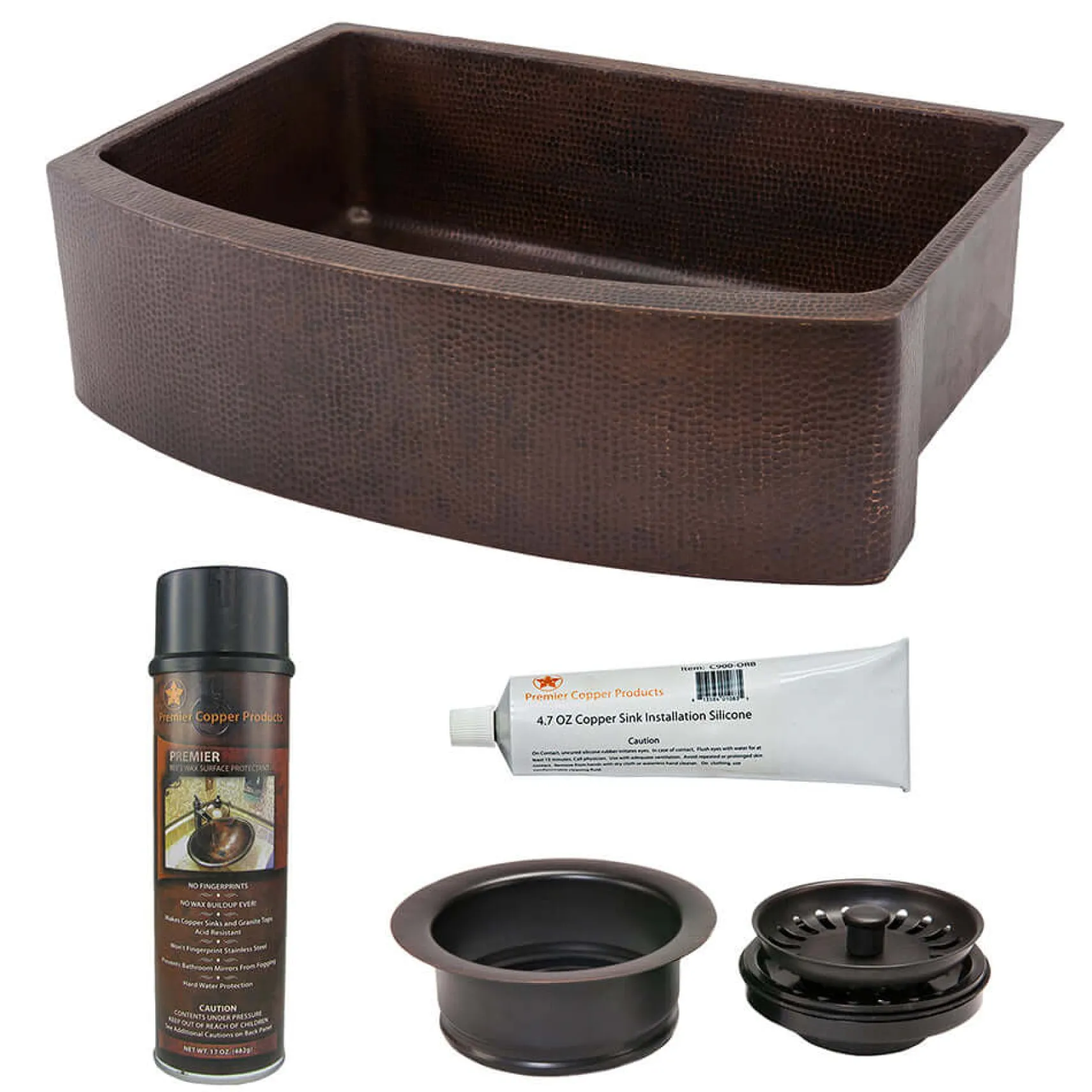Premier Copper Products 33" Hammered Copper Kitchen Rounded Apron Single Basin Farmhouse Sink with Matching Drain and Accessories, Oil Rubbed Bronze, KSP3_KASRDB33249