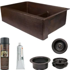 Premier Copper Products 33" Hammered Copper Kitchen Apron 60/40 Double Basin Farmhouse Sink with Short 5" Divider w/ Matching Drains and Accessories, Oil Rubbed Bronze, KSP3_KA60DB33229-SD5