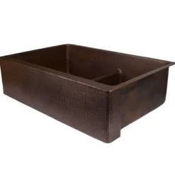 Premier Copper Products 33" Hammered Copper Kitchen Apron 60/40 Double Basin Farmhouse Sink with Short 5" Divider w/ Matching Drains and Accessories, Oil Rubbed Bronze, KSP3_KA60DB33229-SD5