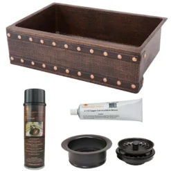 Premier Copper Products 33" Hammered Copper Kitchen Apron Single Basin Farmhouse Sink w/ Barrel Strap Design with Matching Drain and Accessories, Oil Rubbed Bronze, KSP3_KASDB33229BS