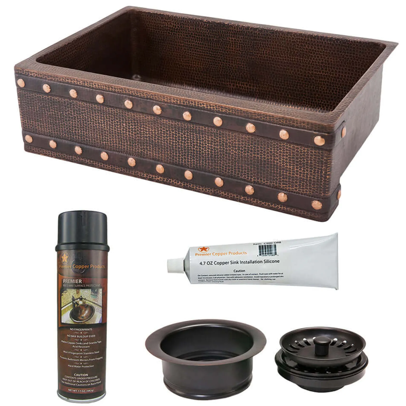Premier Copper Products 33" Hammered Copper Kitchen Apron Single Basin Farmhouse Sink w/ Barrel Strap Design with Matching Drain and Accessories, Oil Rubbed Bronze, KSP3_KASDB33229BS