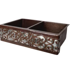 Premier Copper Products 33" Hammered Copper Kitchen Apron 50/50 Double Basin Farmhouse Sink w/ Scroll Design and Apron Front Nickel Background with Matching Drains, and Accessories, Oil Rubbed Bronze and Nickel, KSP3_KA50DB33229S-NB