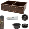 Premier Copper Products 33" Hammered Copper Kitchen Apron 50/50 Double Basin Farmhouse Sink w/ Barrel Strap Design with Matching Drains, and Accessories, Oil Rubbed Bronze, KSP3_KA50DB33229BS