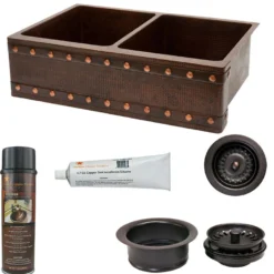 Premier Copper Products 33" Hammered Copper Kitchen Apron 50/50 Double Basin Farmhouse Sink w/ Barrel Strap Design with Matching Drains, and Accessories, Oil Rubbed Bronze, KSP3_KA50DB33229BS