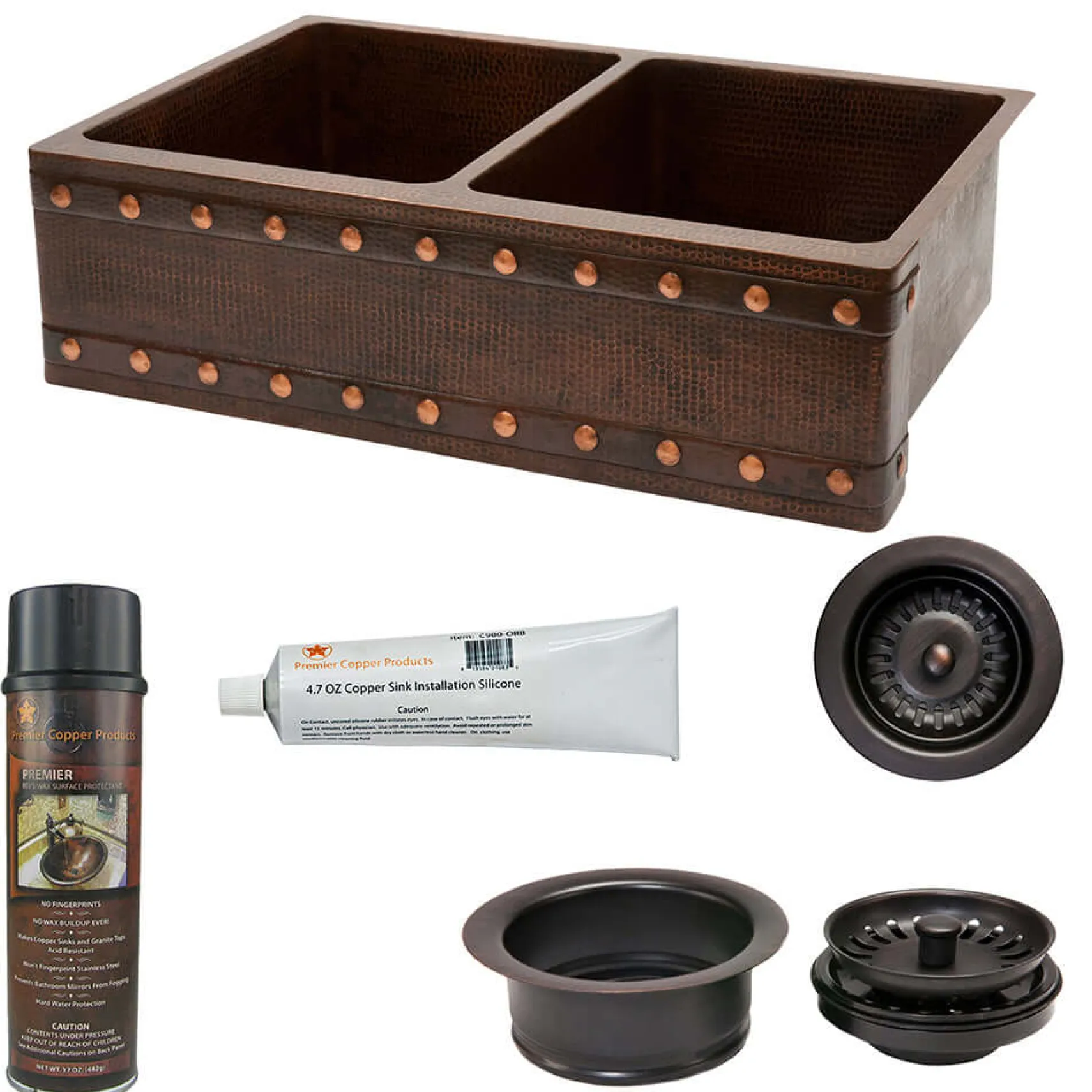 Premier Copper Products 33" Hammered Copper Kitchen Apron 50/50 Double Basin Farmhouse Sink w/ Barrel Strap Design with Matching Drains, and Accessories, Oil Rubbed Bronze, KSP3_KA50DB33229BS