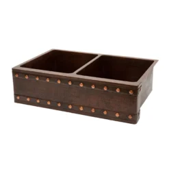 Premier Copper Products 33" Hammered Copper Kitchen Apron 50/50 Double Basin Farmhouse Sink w/ Barrel Strap Design with Matching Drains, and Accessories, Oil Rubbed Bronze, KSP3_KA50DB33229BS