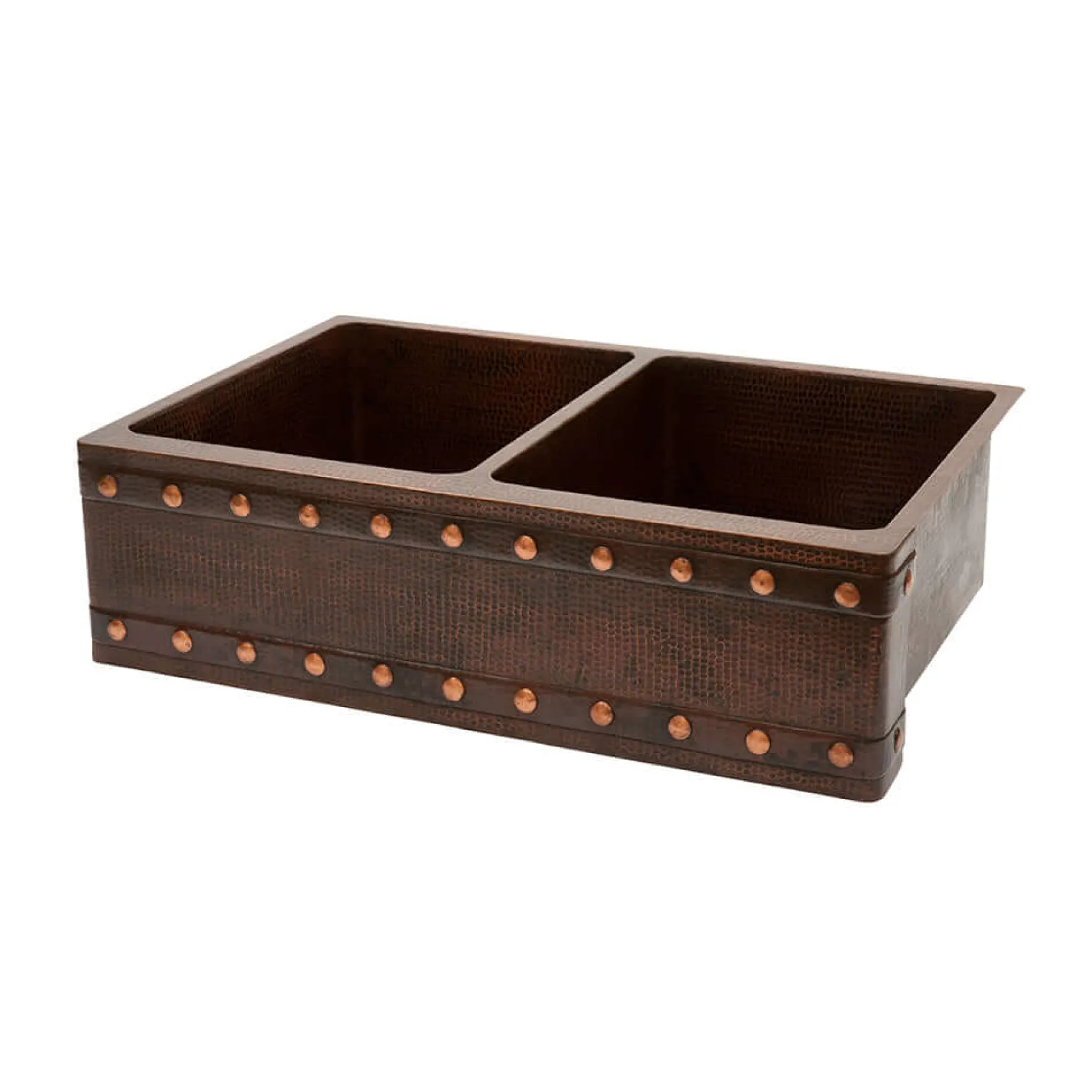Premier Copper Products 33" Hammered Copper Kitchen Apron 50/50 Double Basin Farmhouse Sink w/ Barrel Strap Design with Matching Drains, and Accessories, Oil Rubbed Bronze, KSP3_KA50DB33229BS