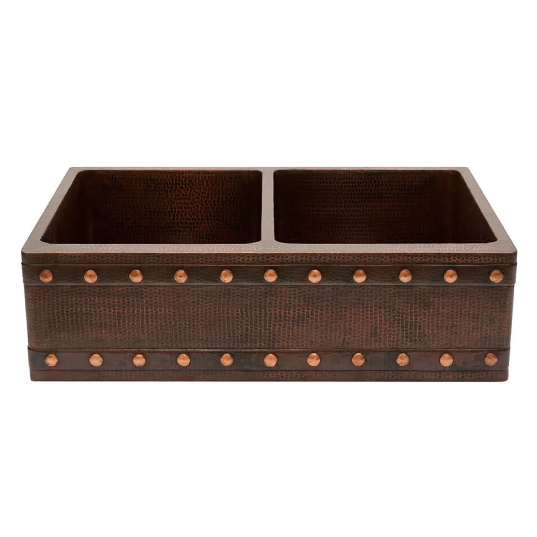 Premier Copper Products 33" Hammered Copper Kitchen Apron 50/50 Double Basin Farmhouse Sink w/ Barrel Strap Design with Matching Drains, and Accessories, Oil Rubbed Bronze, KSP3_KA50DB33229BS