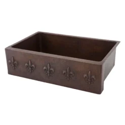 Premier Copper Products 33" Hammered Copper Kitchen Apron Single Basin Farmhouse Sink w/ Fleur De Lis with Matching Drain and Accessories, Oil Rubbed Bronze, KSP3_KASDB33229F