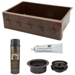 Premier Copper Products 33" Hammered Copper Kitchen Apron Single Basin Farmhouse Sink w/ Star Design with Matching Drain and Accessories, Oil Rubbed Bronze, KSP3_KASDB33229ST