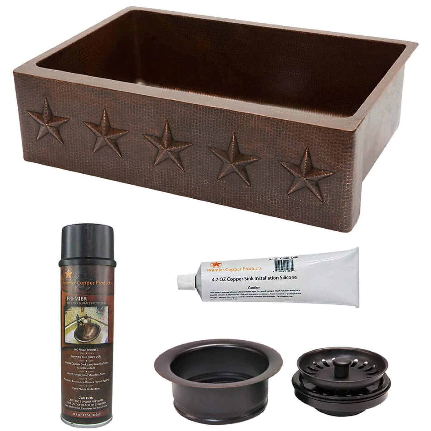 Premier Copper Products 33" Hammered Copper Kitchen Apron Single Basin Farmhouse Sink w/ Star Design with Matching Drain and Accessories, Oil Rubbed Bronze, KSP3_KASDB33229ST