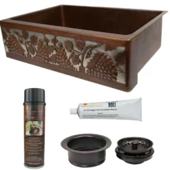 Premier Copper Products 33" Hammered Copper Kitchen Apron Single Basin Farmhouse Sink w/ Vineyard Design and Apron Front Nickel Background with Matching Drain and Accessories, Oil Rubbed Bronze and Nickel, KSP3_KASDB33229G-NB