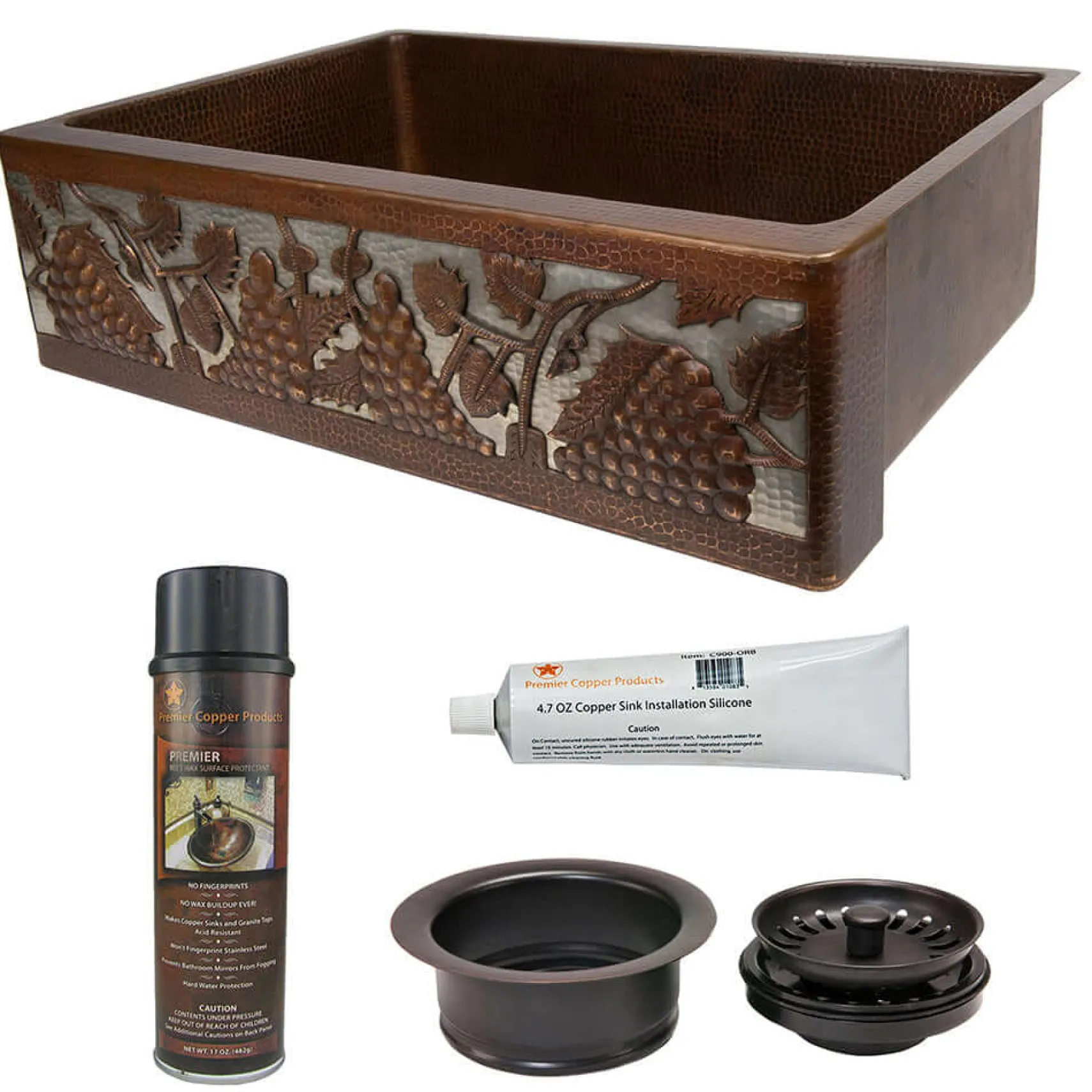Premier Copper Products 33" Hammered Copper Kitchen Apron Single Basin Farmhouse Sink w/ Vineyard Design and Apron Front Nickel Background with Matching Drain and Accessories, Oil Rubbed Bronze and Nickel, KSP3_KASDB33229G-NB