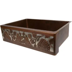Premier Copper Products 33" Hammered Copper Kitchen Apron Single Basin Farmhouse Sink w/ Vineyard Design and Apron Front Nickel Background with Matching Drain and Accessories, Oil Rubbed Bronze and Nickel, KSP3_KASDB33229G-NB