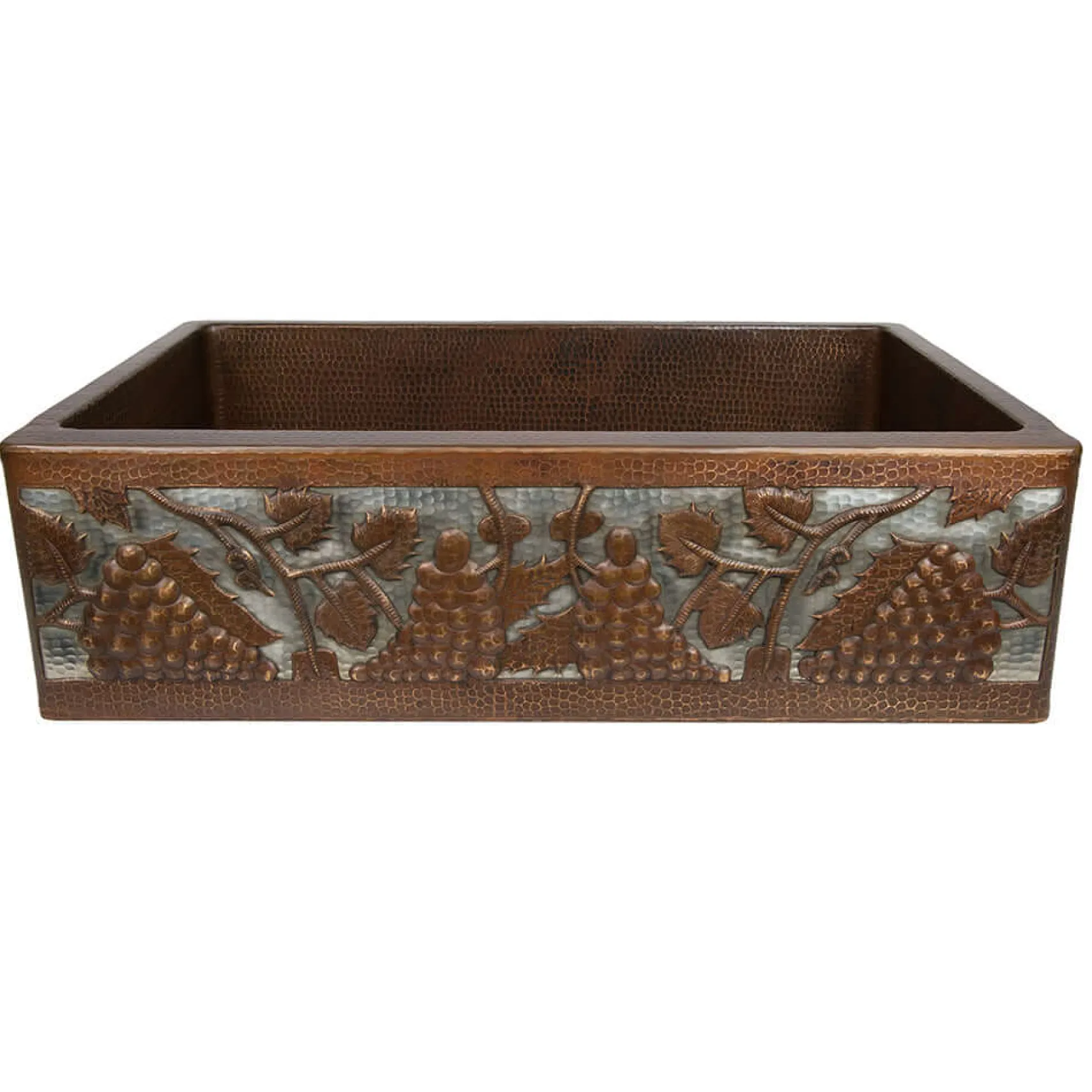 Premier Copper Products 33" Hammered Copper Kitchen Apron Single Basin Farmhouse Sink w/ Vineyard Design and Apron Front Nickel Background with Matching Drain and Accessories, Oil Rubbed Bronze and Nickel, KSP3_KASDB33229G-NB