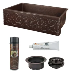 Premier Copper Products 33" Hammered Copper Kitchen Apron Single Basin Farmhouse Sink w/ Scroll Design with Matching Drain and Accessories, Oil Rubbed Bronze, KSP3_KASDB33229S