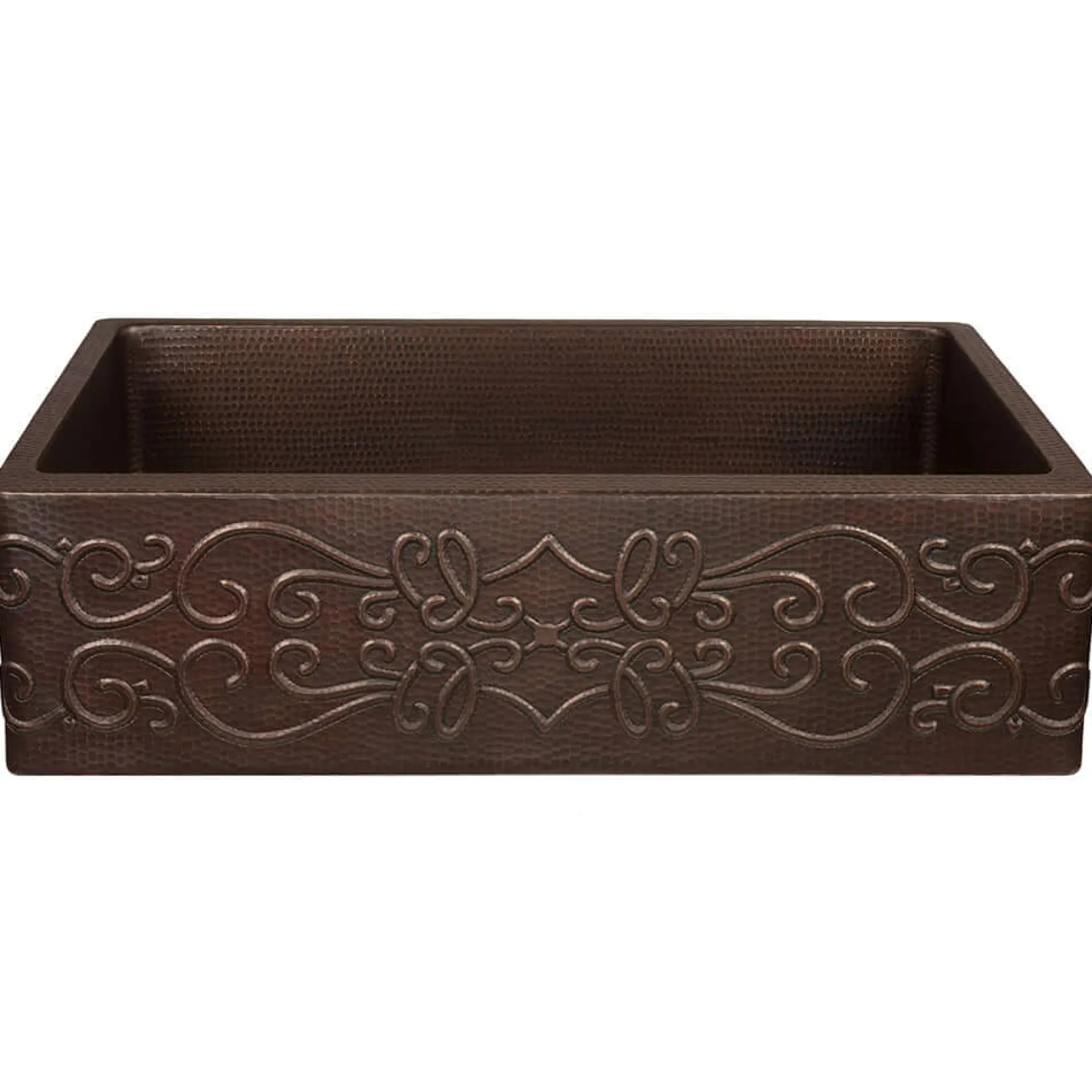 Premier Copper Products 33" Hammered Copper Kitchen Apron Single Basin Farmhouse Sink w/ Scroll Design with Matching Drain and Accessories, Oil Rubbed Bronze, KSP3_KASDB33229S