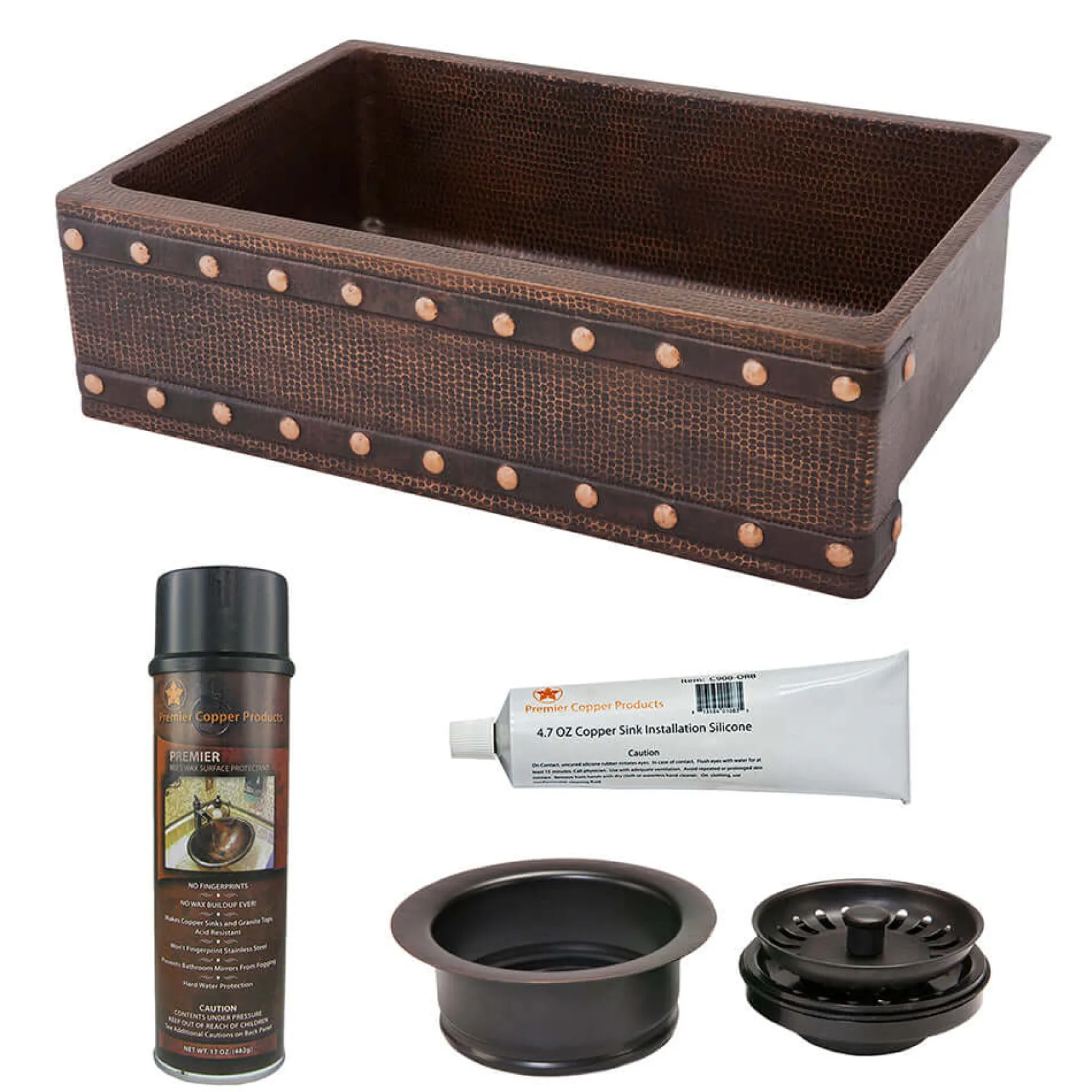 Premier Copper Products 30" Hammered Copper Kitchen Apron Single Basin Farmhouse Sink w/ Barrel Strap Design with Matching Drain and Accessories, Oil Rubbed Bronze, KSP3_KASDB30229BS
