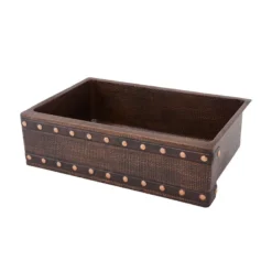 Premier Copper Products 30" Hammered Copper Kitchen Apron Single Basin Farmhouse Sink w/ Barrel Strap Design with Matching Drain and Accessories, Oil Rubbed Bronze, KSP3_KASDB30229BS