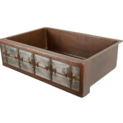 Premier Copper Products 33" Hammered Copper Kitchen Apron Single Basin Farmhouse Sink w/ Fleur De Lis and Apron Front Nickel Background with Matching Drain and Accessories, Oil Rubbed Bronze and Nickel, KSP3_KASDB33229F-NB