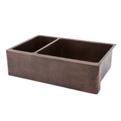 Premier Copper Products 33" Hammered Copper Kitchen Apron 25/75 Double Basin Farmhouse Sink with Matching Drains, and Accessories, Oil Rubbed Bronze, KSP3_KA25DB33229