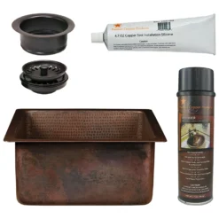 Premier Copper Products 16" Square Hammered Copper Bar/Prep Sink w/ 3.5" Drain Opening, Matching Drain and Accessories, Oil Rubbed Bronze, BSP5_BS16DB3-G
