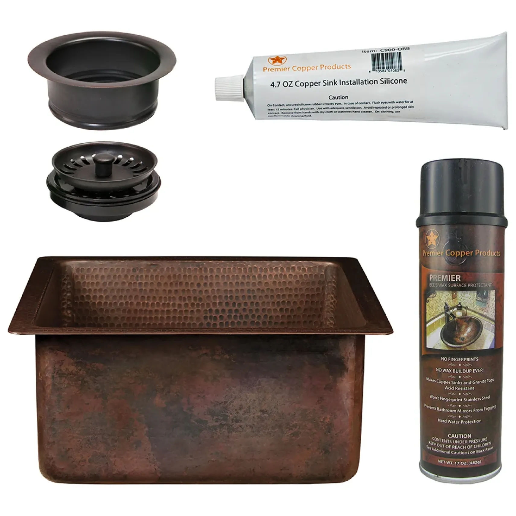 Premier Copper Products 16" Square Hammered Copper Bar/Prep Sink w/ 3.5" Drain Opening, Matching Drain and Accessories, Oil Rubbed Bronze, BSP5_BS16DB3-G