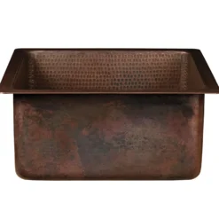 Premier Copper Products 16" Square Hammered Copper Bar/Prep Sink w/ 3.5" Drain Opening, Matching Drain and Accessories, Oil Rubbed Bronze, BSP5_BS16DB3-G