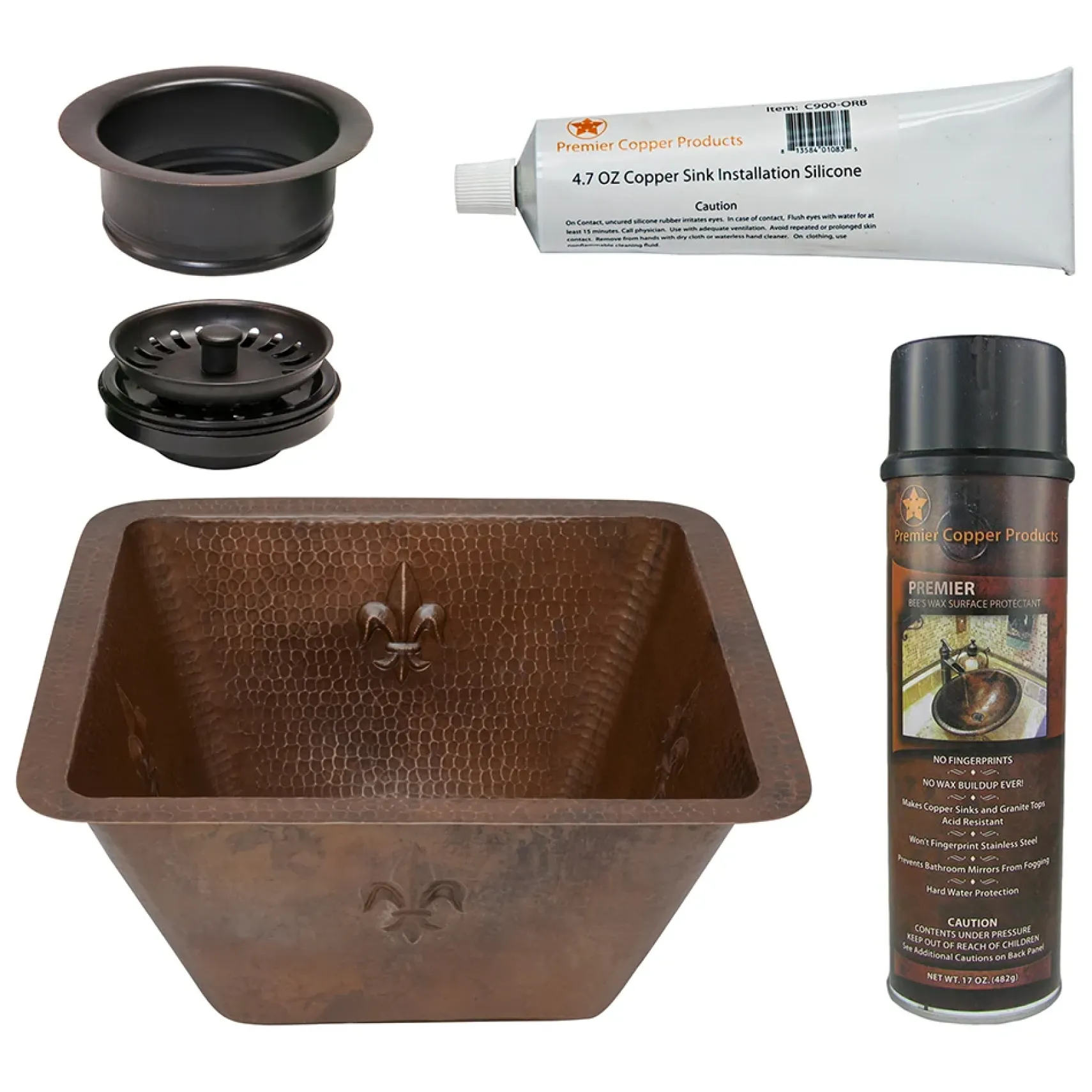 Premier Copper Products 15" Square Fleur De Lis Copper Bar/Prep Sink w/ 3.5" Drain Opening, Matching Drain and Accessories, Oil Rubbed Bronze, BSP5_BS15FDB3-G