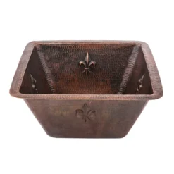 Premier Copper Products 15" Square Fleur De Lis Copper Bar/Prep Sink w/ 3.5" Drain Opening, Matching Drain and Accessories, Oil Rubbed Bronze, BSP5_BS15FDB3-G