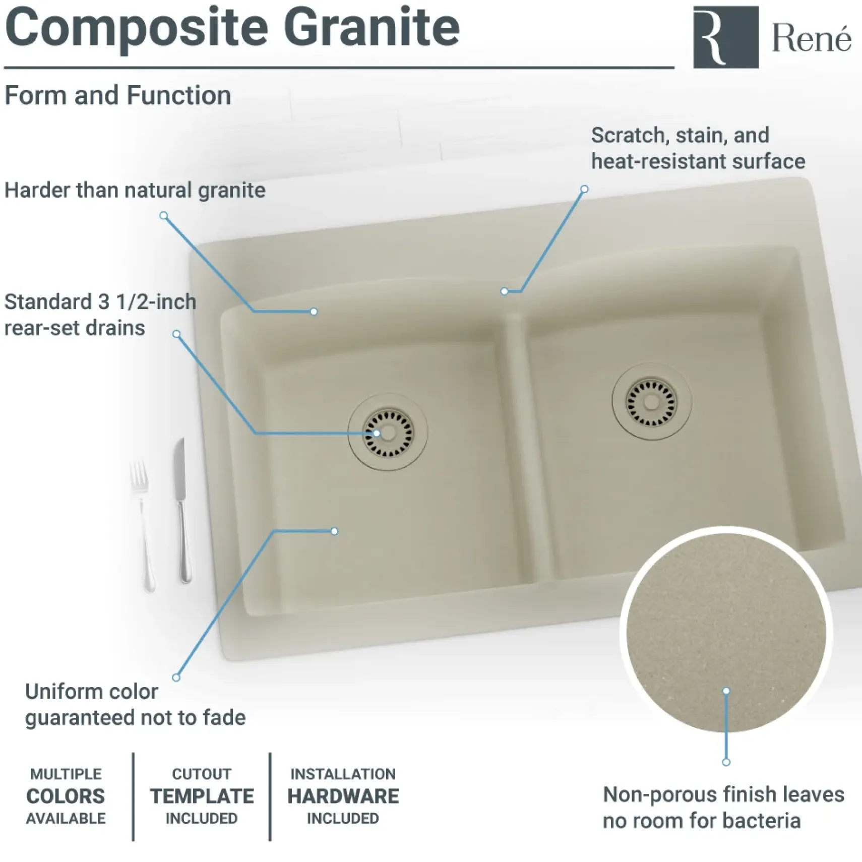 Rene 33" Composite Granite Kitchen Sink, 50/50 Double Bowl, Concrete, R3-2007-CON-ST-CGS