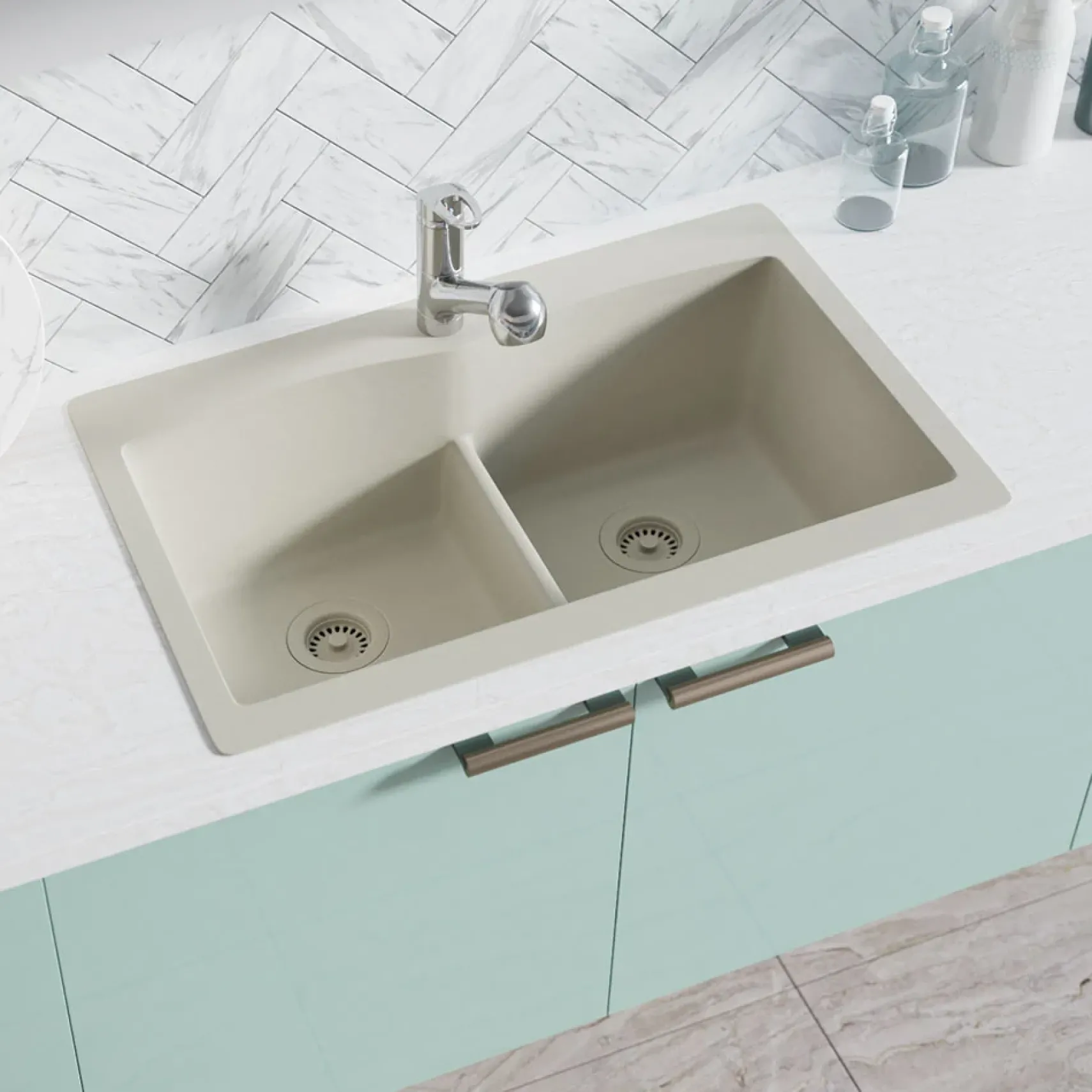 Rene 33" Composite Granite Kitchen Sink, 50/50 Double Bowl, Concrete, R3-2007-CON-ST-CGS