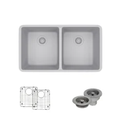 Rene 33" Composite Granite Kitchen Sink, 50/50 Double Bowl, Pewter, R3-1002-PWT-ST-CGF