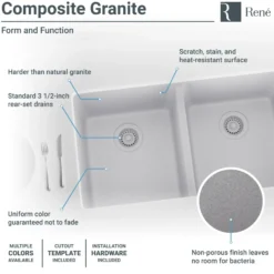 Rene 33" Composite Granite Kitchen Sink, 50/50 Double Bowl, Pewter, R3-1002-PWT-ST-CGF