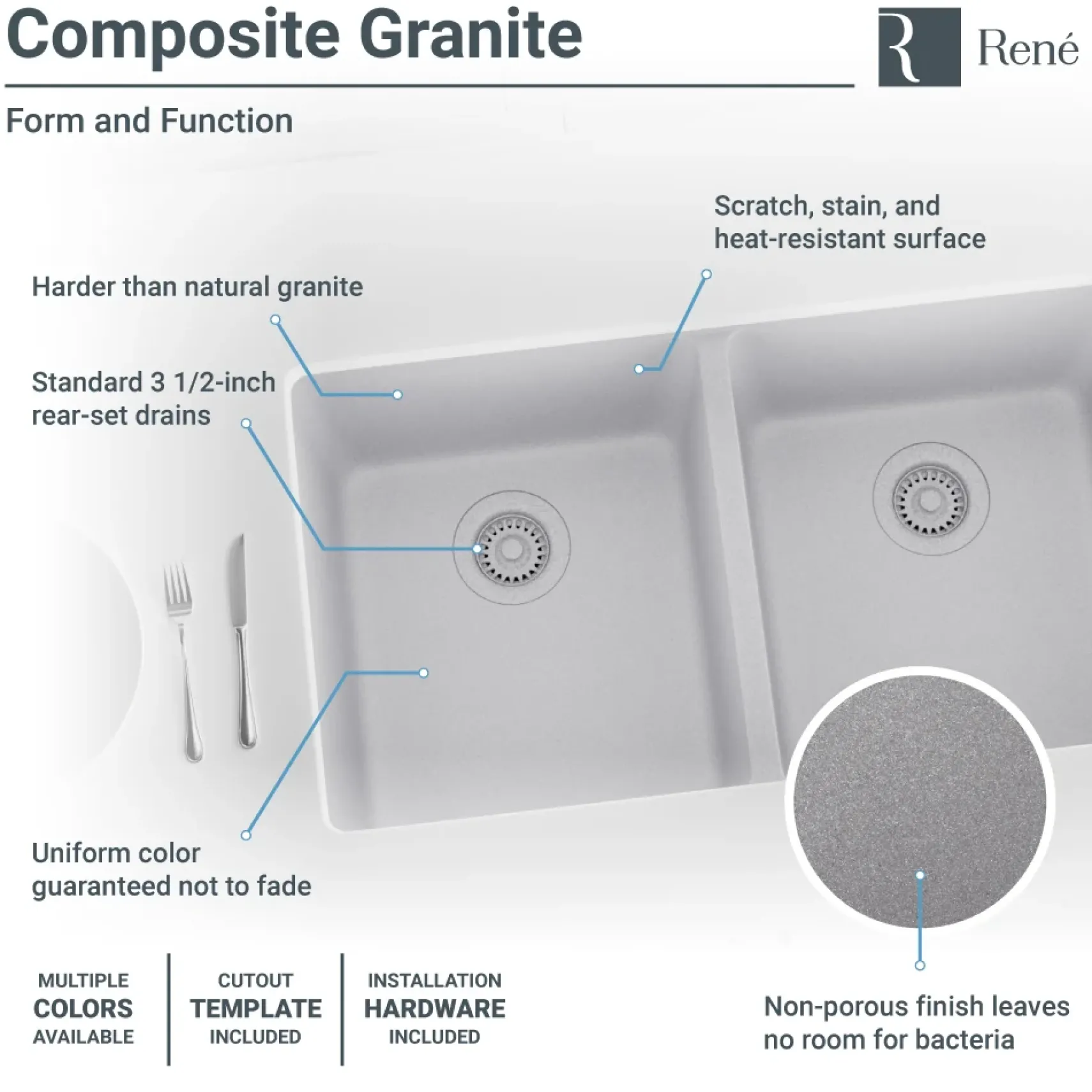 Rene 33" Composite Granite Kitchen Sink, 50/50 Double Bowl, Pewter, R3-1002-PWT-ST-CGF