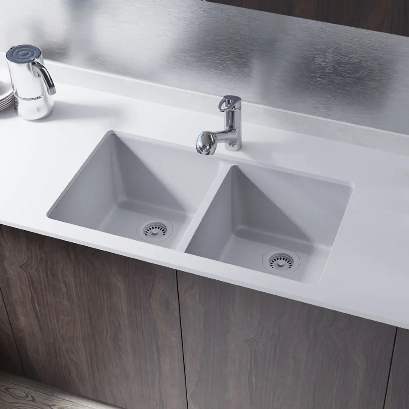 Rene 33" Composite Granite Kitchen Sink, 50/50 Double Bowl, Pewter, R3-1002-PWT-ST-CGF