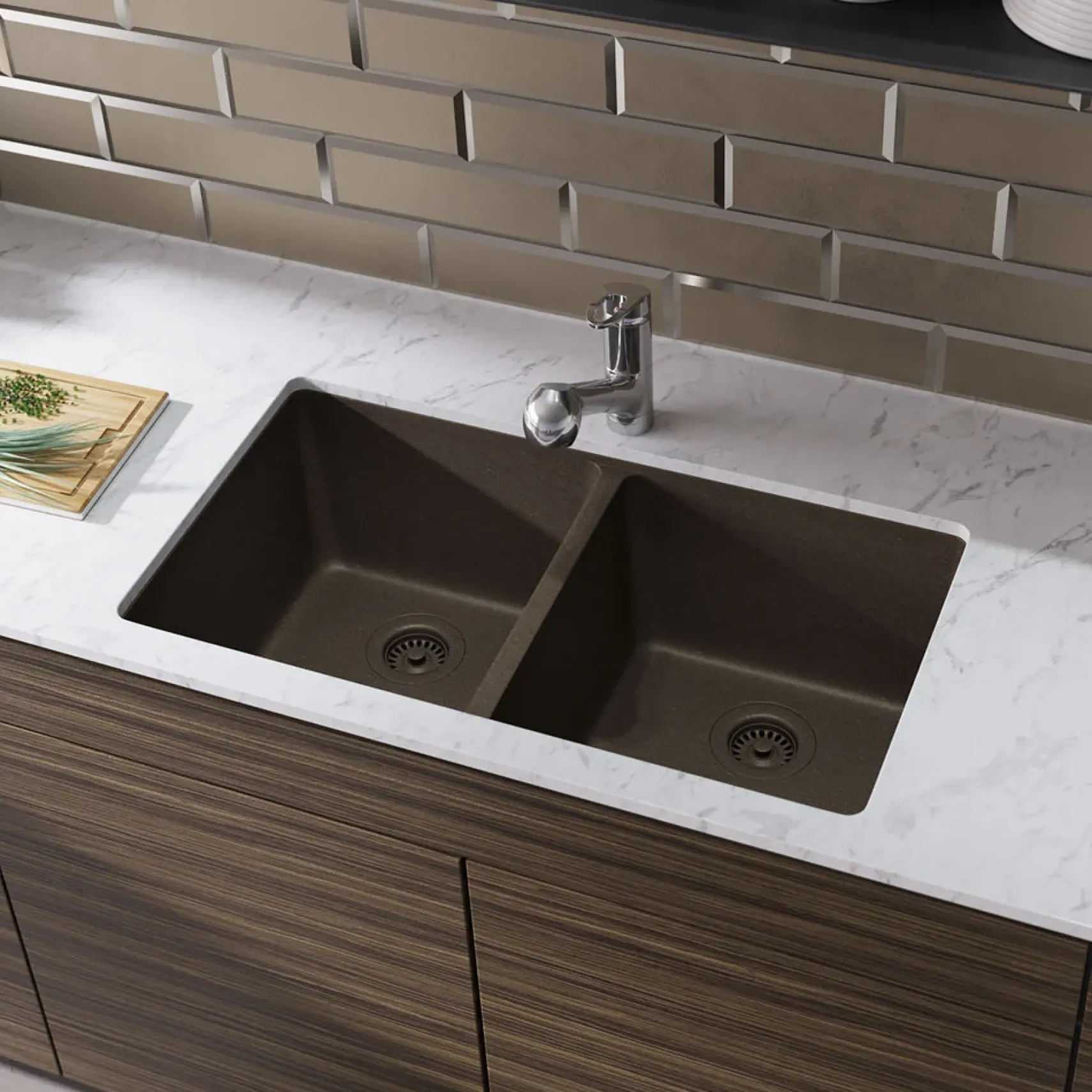 Rene 33" Composite Granite Kitchen Sink, 50/50 Double Bowl, Umber, R3-1002-UMB-ST-CGS