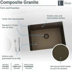 Rene 22" Composite Granite Kitchen Sink, Umber, R3-1004-UMB-ST-CGS